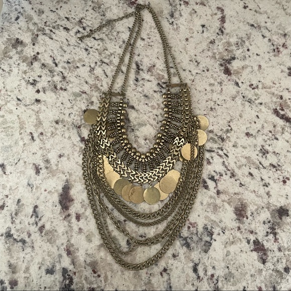 Forever 21 Brass Tone Metal Chain Disc Multi Layer Tiered Collar Choker Necklace - Picture 2 of 4